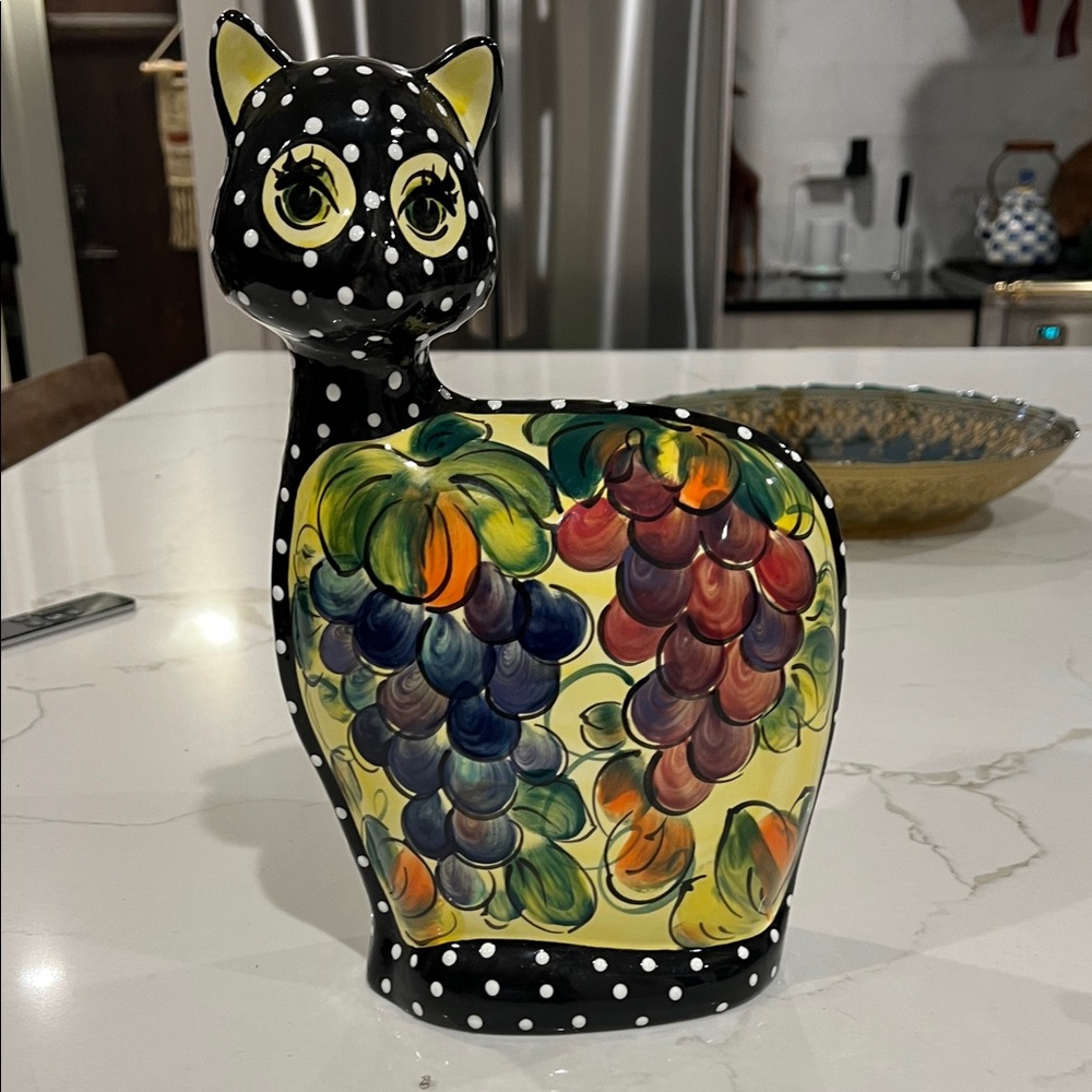 Polka Dot Cat Ceramic with Vibrant Fruit Design